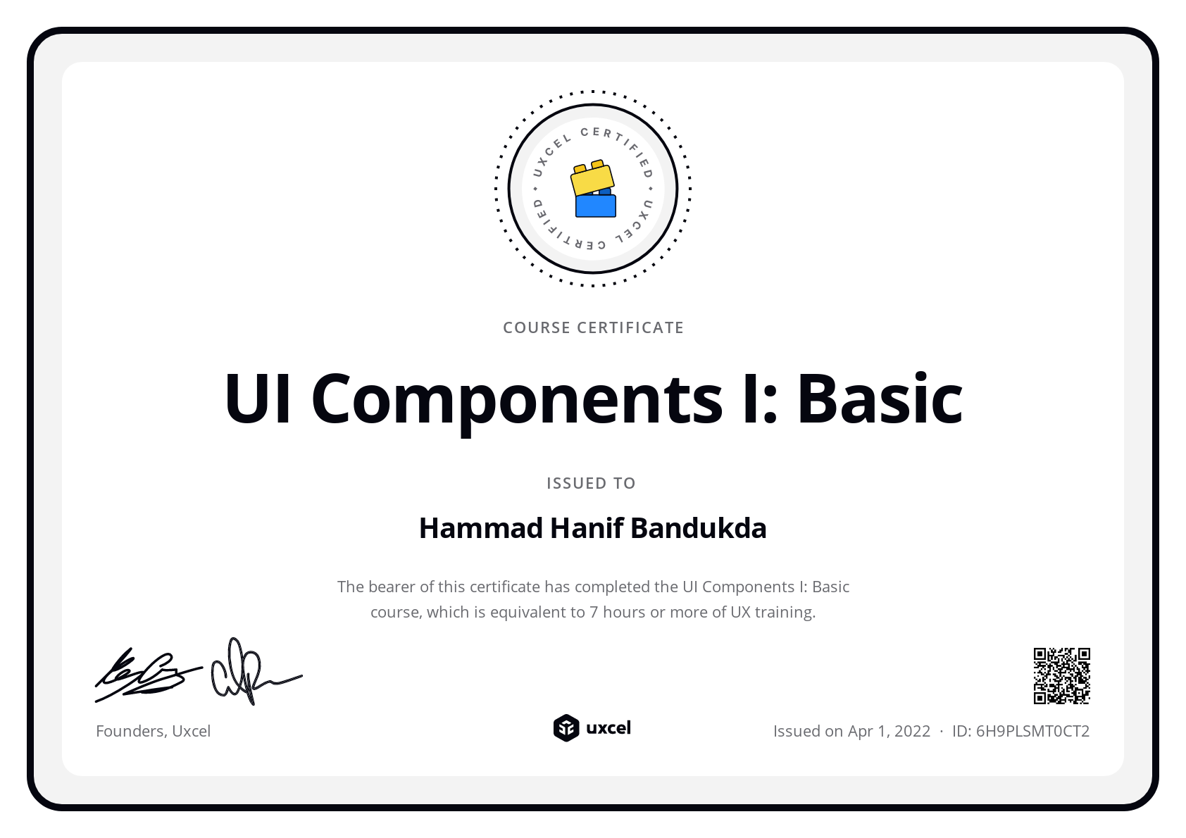 Hammad Hanif Bandukda's certificate